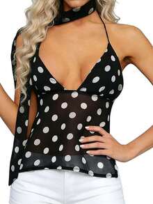 Women Tank Tops Halter Neck Sleeveless Dot Print Summer Backless Crop Vest With Scarf Set - Black - View 4