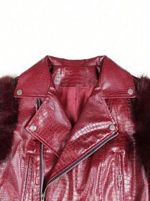 Women's Fashion Faux Fur Crocodile Print Jacket Collar Design Waist Belt Detail Zipper Closure - Red G0772 - View 8