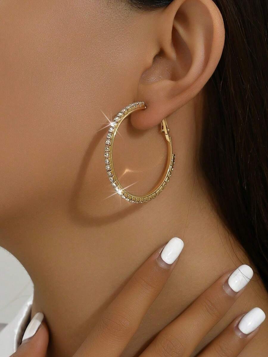 1 Đôi bông tai vòng tròn đính pha lê, thích hợp cho nữ giới đeo hàng ngày và trong các dịp lễ hội. - Vàng - 4cm - Xem 1