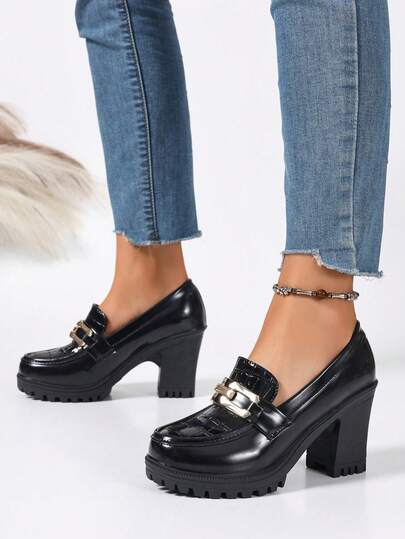 2026新款高帮女式圆头高跟厚底黑色百搭乐福鞋