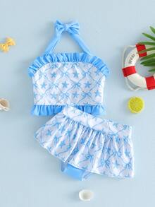 2Pcs Toddler Girl Swimsuit Set Sleeveless Halter Neck Starfish Bow Print Tops And Skirted Bikini Bottoms - 藍色 - 查看 6