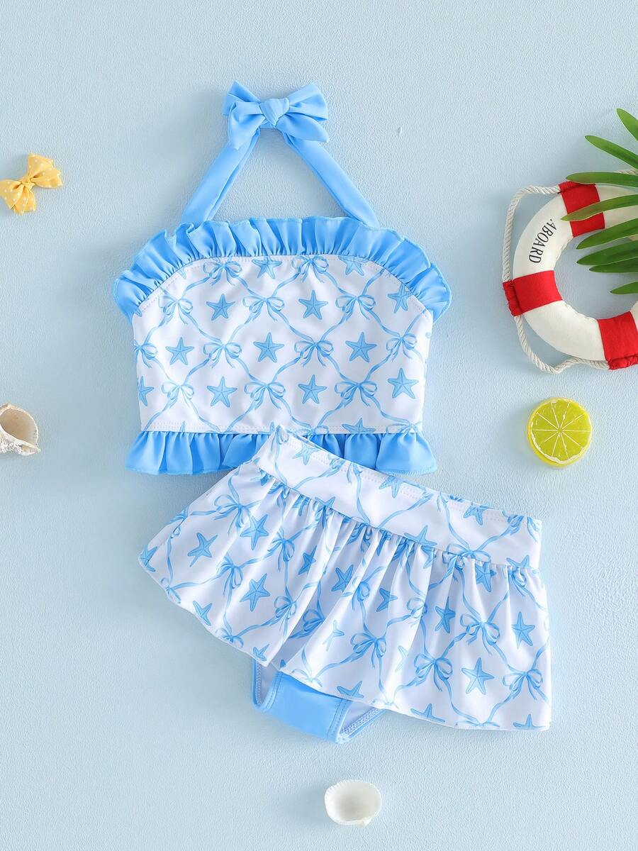 Conjunto de traje de baño de 2 piezas para niña pequeña, sin mangas, cuello halter, estampado de estrellas de mar y lazo, y braguita de bikini con falda. - Azul - Ver 1