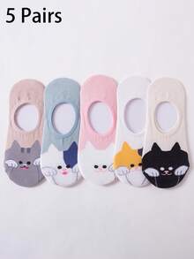 5双装女士隐形袜，多色可选，饰有可爱的卡通猫咪提花图案。这款低帮袜采用清新校园风设计，后跟处带有硅胶防滑条，防止滑脱。适合日常穿着、居家休闲和通勤，是任何衣橱的百搭时尚单品。（不含纸质卡片） - 彩色 - 查看 5