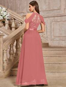 MIUSOL High Neck Elegant Sequin Floral Lace Off-Shoulder Maxi Dress, Women's Graceful Party Gown Suitable For Wedding Guest, Vacation, Graduation Ceremony, Formal Dinner And Other Occasions - Dusty Pink - View 3