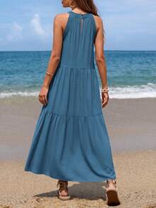 Women Summer Sleeveless Loose Dress Casual Hollow Out Halter Sleeveless Boho Long Sundress Spring Beach Holiday Vacation Valentine Long Maxi Dress