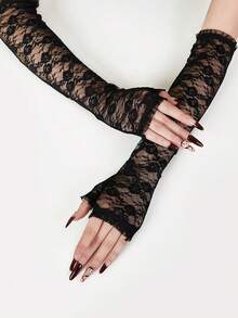 一双黑白蕾丝长袖手套，新娘袖，角色扮演服装配饰，暗黑系性感手套，适合万圣节、狂欢节、情人节和化装舞会