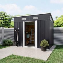 4x8ft Heavy-Duty Flat Top Tool Room/Outdoor Recycling Bins,Storage Room, Warehouse,Garden Metal Storage Room - With Integrated Base, Zinc Steel Frame+Double Sliding Door Design+2 Ventilation Grilles,Suitable For Storing Tools/Bicycles - Màu đen than - Xem 7