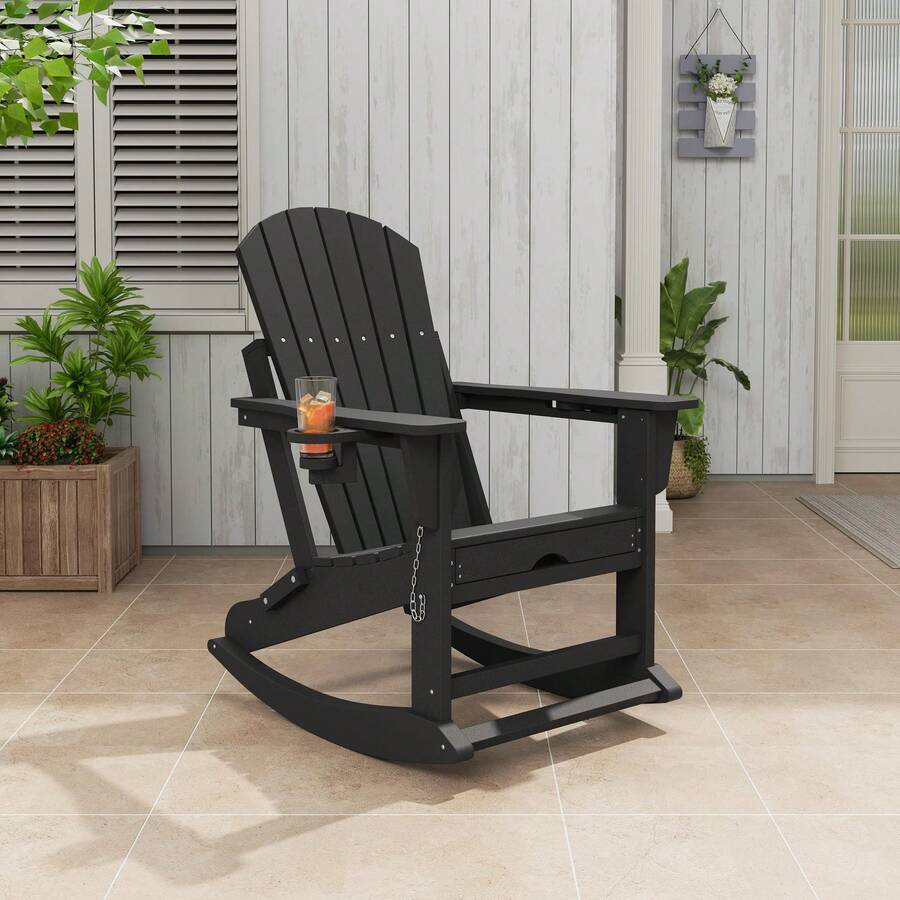 Techigher Folding Adirondack Rocking Chair, Multifunctional Patio Chair With Retractable Ottoman, HDPE Outdoor Lawn Chair With Cup Holders For Porch, Backyard, Pool - Black - View 1