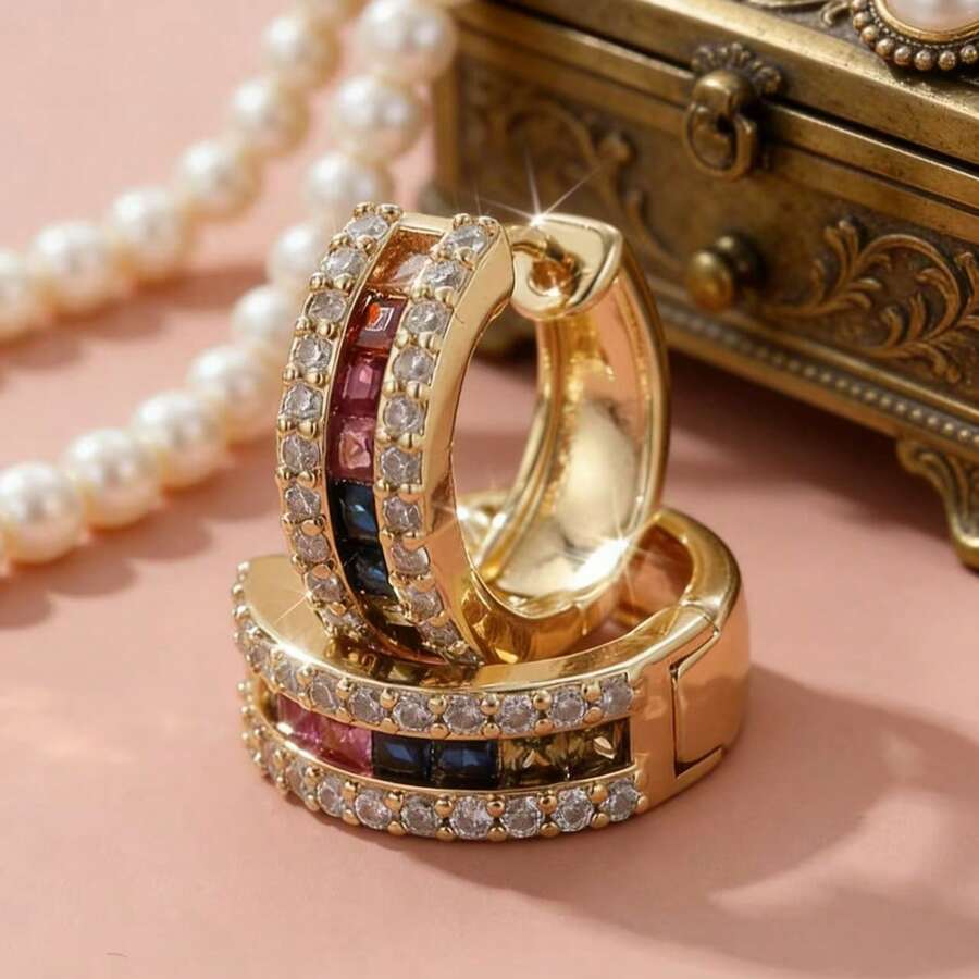 Luxury Elegant Round Earrings With Colorful Square Synthetic Cubic Zirconia Pendants, Suitable For All Occasions, Perfect Holiday Gift - Gold - View 1