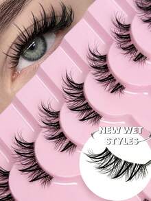 9 Pairs Cartoon Wet Look Eyelashes, Elongated Ends Cat Eye Anime Lashes, Natural Makeup Effect, Faux Mink Thin Lashes, 3D Short Soft False Eyelashes, Transparent Band Eyelash Extension Makeup