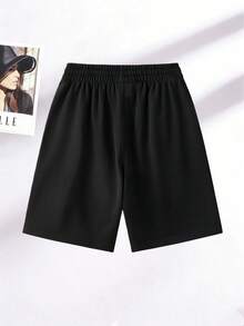 大码女式纯色休闲短裤，夏季运动裤，直筒裤型，5英寸内缝，弹性腰带配抽绳和拉链口袋，适合瑜伽、跑步、健身等运动。 - 黑色 - 查看 6