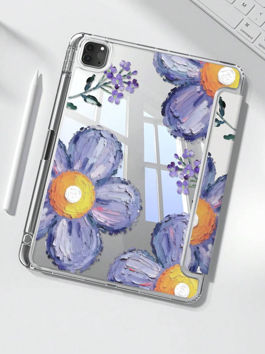 这款精美可爱的卡通水晶紫色油画大花双面彩绘亚克力透明水晶后盖，防震耐用，适用于iPad 7代、8代（10.2英寸）和10代。它内置笔槽，支持睡眠/唤醒功能和多种折叠支架模式。是万圣节和新年礼物的理想之选。 - 彩色 - 查看 1