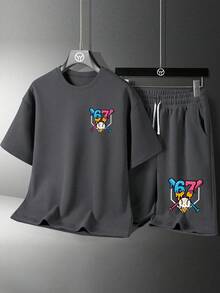 Youth Boy Cartoon Graphic Print Round Neck Short Sleeve T-Shirt And Shorts Set - Dark Grey - View 2