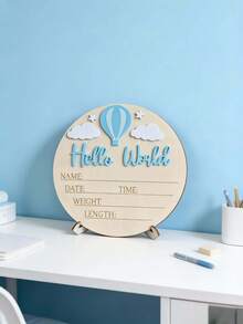 1pc "Hello World" Birth Announcement Board, Baby Photo Prop Wooden Plaque, Baby Milestone Marker, Christening Gift (Boy/Girl) - 3D Hot Air Balloon Blue - View 11