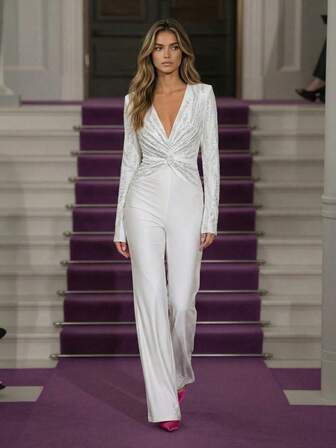 优雅扭结水钻装饰喇叭连体裤，派对礼服