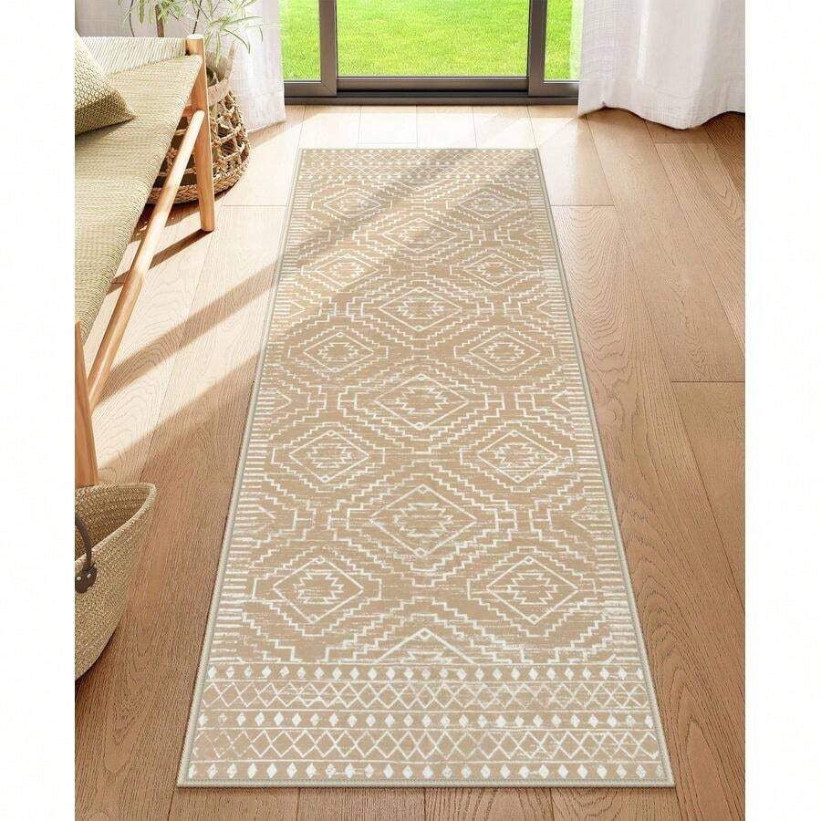 Alfombra lavable de cocina de 2 x 6 pulgadas, corredores marroques para pasillo, antideslizante, bohemia, suave, alfombra geometrica para lavandera, entrada, recmara Kakhi, 2 x 6 pies