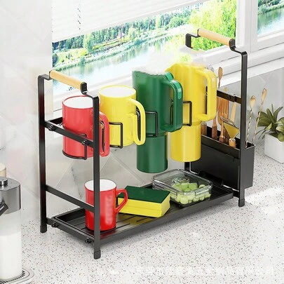 Tassenhalter Mit 4 Haken, Kaffeetassehalter 2 Tier, Tassenständer Metall, Multifunktionaler Speisekammer Aufbewahrungshalter