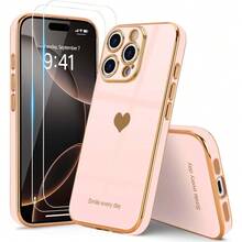Compatible With IPhone 17 Promax/17 Pro/17 Air/17/16 Pro/15 Plus/14/13/12/11 Case, Screen Protector Girl Women Cute Girly Love-Heart Luxury Gold Soft Cover Camera Protection Silicone Shockproof Phone Case, Perfect Valentine's Day Gifts For Boyfriends And Girlfriends - 粉色 - 查看 6