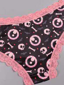 Dircho 5 pièces Culottes bikini gothiques sexy et mignonnes pour femmes avec dentelle contrastée - Imprimé tout-sur-crâne et lune, doux et soyeux, confortable. Sous-vêtements légers et respirants avec taille élastique extensible pour un port quotidien - Multicolore - Voir 3