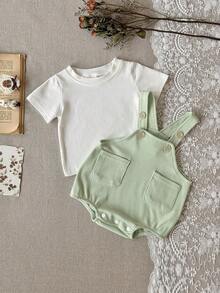 Set de 2 piezas: Camiseta blanca casual + body con tirantes verdes para bebé niña, primavera/otoño - verde menta - Ver 8