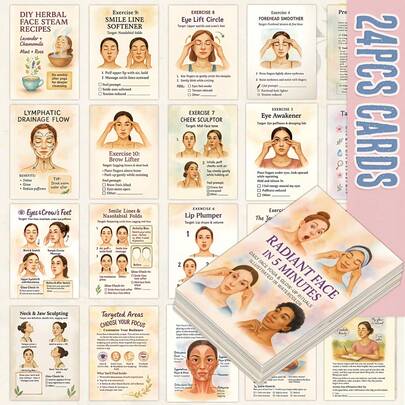 24 Pcs Face Yoga & Facial Exercise Postcard Set, Facial Massage Illustrated Self-Care Routine Cards, Eye Lift/Cheek Sculpt/Neck Tightening/Lip Plumper, 5-Minute Daily Glow-Up Guides With DIY Herbal Steam Tips