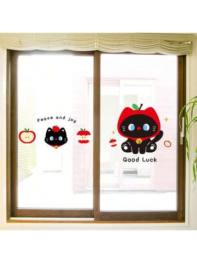 Autocollants de verre statiques avec motif mignon de chat et de pomme. Sans résidu adhésif. Idéal pour la décoration du salon, de la cuisine, de l'entrée, des portes coulissantes et pour masquer les imperfections