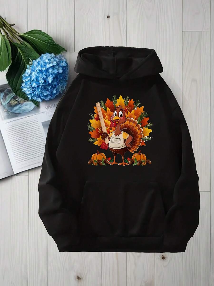 Men-S And Women-S Soft Fabric Hooded Pullover Sweatshirt With Playful Turkey And Autumn Leaves Graphic Design - Thanksgiving Theme, Hine Washable Casual Sportswear, Regular Fit, Po_896 - 黑色15 - 查看 1
