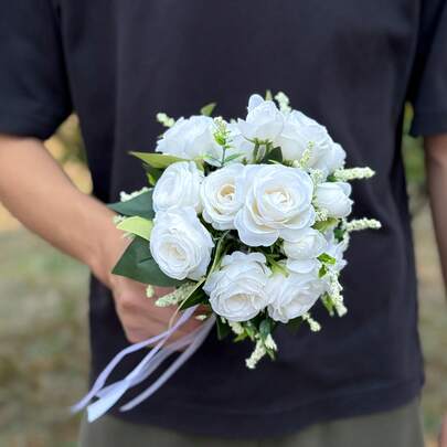 Elegant Artificial Rose Bouquet, Suitable For Brides Or Bridesmaids, Decorated With Artificial Roses, Greenery And Ribbons, Ideal For Weddings, Engagements, Parties, As Well As Anniversary Or Valentine's Day Gifts