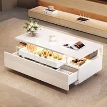 90 X 45 X 35.5 Cm Coffee Table With Tray, High-Gloss Coffee Table For The Living Room, Sofa Table With 2 Drawers, Load-Bearing Side Table Made Of Tempered Glass, Coffee Table With LED Light, White - White - View 4
