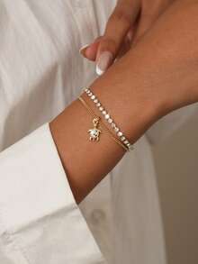 2件套女孩手链套装，波西米亚夏季海滩风，镀金多层基础链，网球锆石链，铜镶嵌蓝色锆石海龟吊坠双层叠戴手链套装，海洋动物叠戴手链首饰礼品 - 金色 - 查看 6