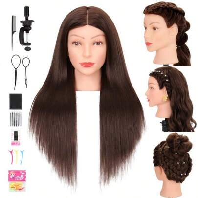 DMannequin Head Human Hair 80% Real Hair Cosmetology Mannequin Head For Braiding Styling Cutting 26-28 Doll Head With Clamp Tools Brown