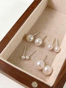1对优雅圆形珍珠耳钉，简约百搭珍珠耳环 - 米色 - 查看 10