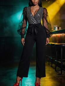 Elegant Women's Deep V Neck Wide Leg Jumpsuit With Sequin Embellished Top, Belted Knot Waist And Flowy Pants Luxury Party Outfit For Fall Winter Layering And Holiday Events - Black - View 5