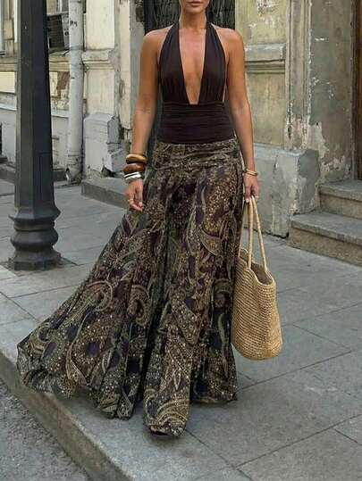 Gonna lunga maxi con scollo a V profondo, senza maniche, con stampa paisley, fluida, adatta per vacanze e festival primaverili