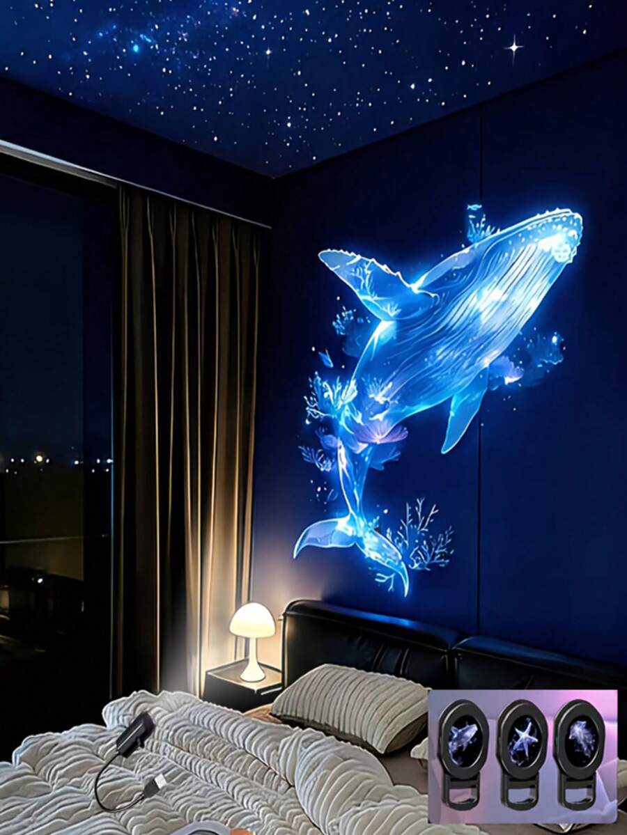 Marine Life LED Projection Lights, Dreamy USB Night Lights, Outdoor Festival Decorative Lights, Large Whale, Jellyfish, Starfish Patterns, Suitable For Indoor Use, 360° Adjustable Projection On Bedroom Walls And Ceilings, Festival Party Atmosphere Lights, Birthday Gifts, Valentine's Day Gifts - Black - View 1