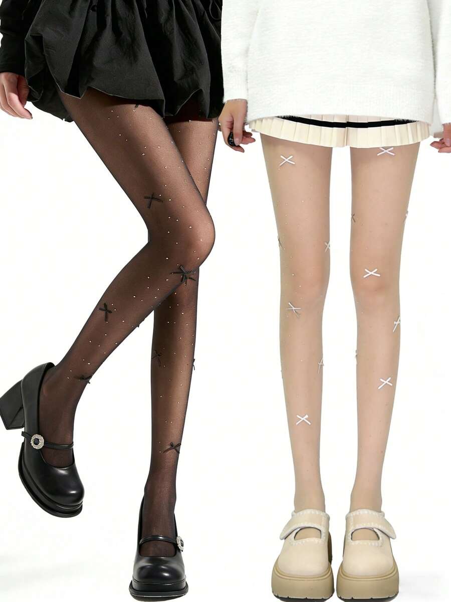 1-2 Pairs Spring/Summer Rhinestone White Tights, Lolita Style Black Bow Tie Stockings - Multicolor - View 1