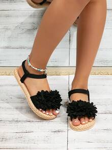 女士户外休闲时尚蝴蝶结装饰露趾平底凉鞋，性感防滑，舒适百搭，适合春、夏、秋季、海滩、度假穿着。 - 黑色 - 查看 5