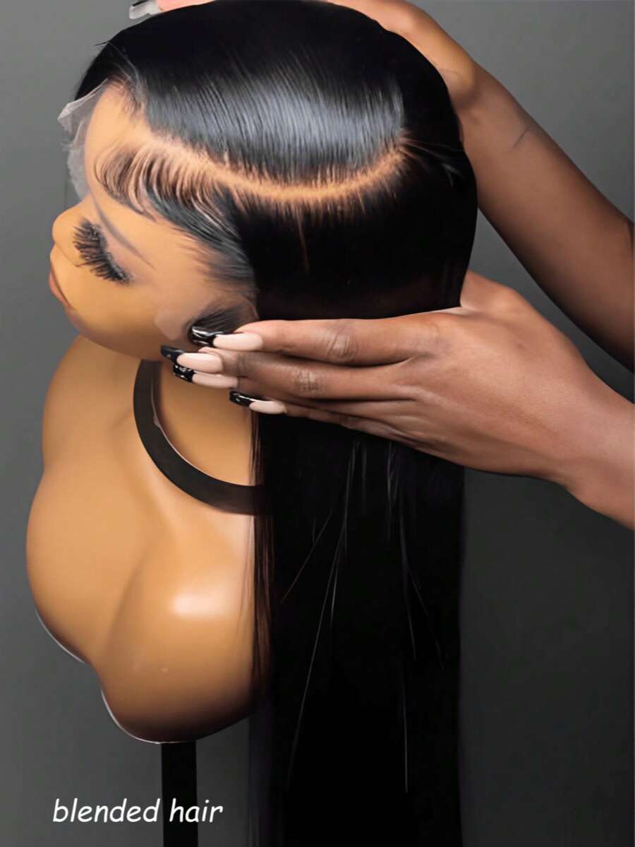 自然黑 180% 密度 30 英寸蕾丝前假发，真人发混纺，抽绳直发蕾丝前假发，真人发混纺，预拔毛全蕾丝假发，180 密度无胶隐形绑带前假发，真人发混纺，适合女性，尺寸 8-36 英寸 - 自然色&黑色系 - 查看 1