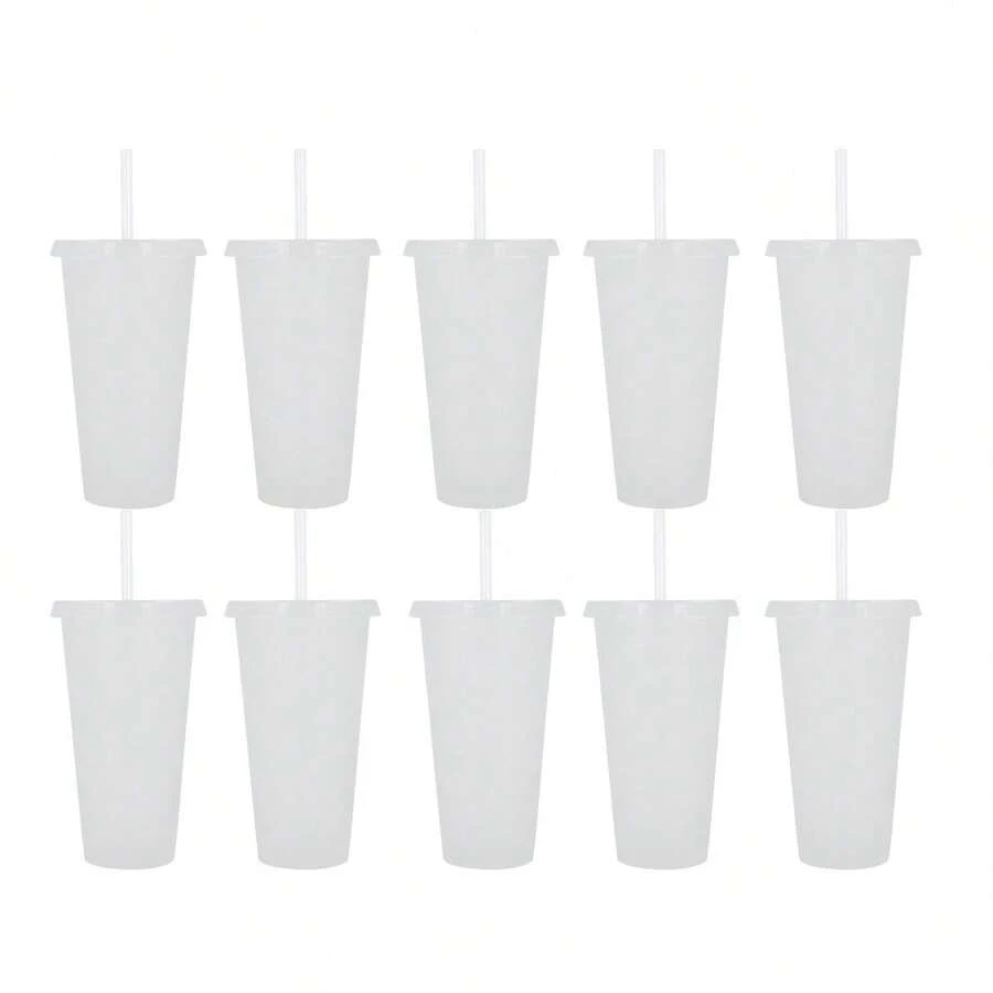 PromoClick Paquete de 10 Vasos de plástico transparente con tapa traslúcida. (Incluyen popote) Cap. 700 ml - Blanco - Ver 1