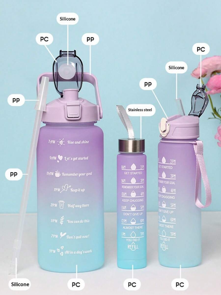 3pcs/Set 280ml/750ml/2000ml Plastic Water Bottles, Gradient Color High Capacity Tumblers With Straws
