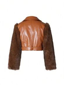 Women's Fashion Faux Fur Crocodile Print Jacket Collar Design Waist Belt Detail Zipper Closure - Lạc đà G0772 - Xem 5