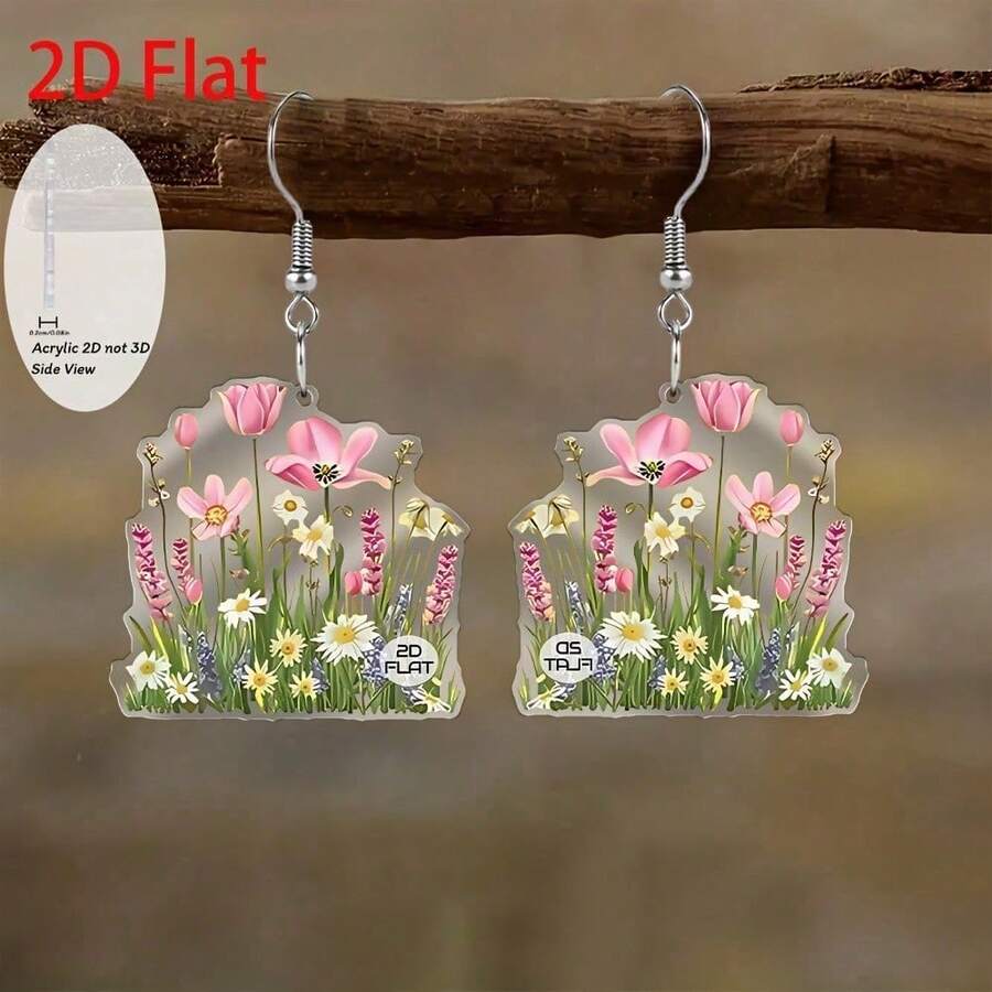 Elegant 2D flat tulip and daisy pendant earrings - floral jewelry, lightweight inspiration pendant, suitable for daily wear, parties, birthdays/holidays gifts - Un par - Ver 1