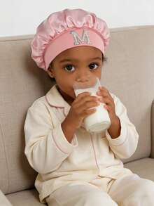 A-Z Letter Print Pink Elastic Wide Brim Satin Sleeping Cap For Kids - Fit, Hair Protection, Ultra Soft & Breathable Design With Non-Slip Lining - Pink - View 2