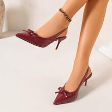 Retro Women's Pointed Toe High Heel Sandals, Bow Decor Slip-On Design, Fashionable Minimalist Daily Commute Outfit, Spring/Summer - Burgundy - View 4