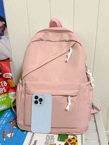 1pc Large Capacity Nylon Student Backpack, Minimalist Solid Color Bag, Suitable For College Students, Girl, Girls Travel Or Shoulder Bag - Pink - View 2