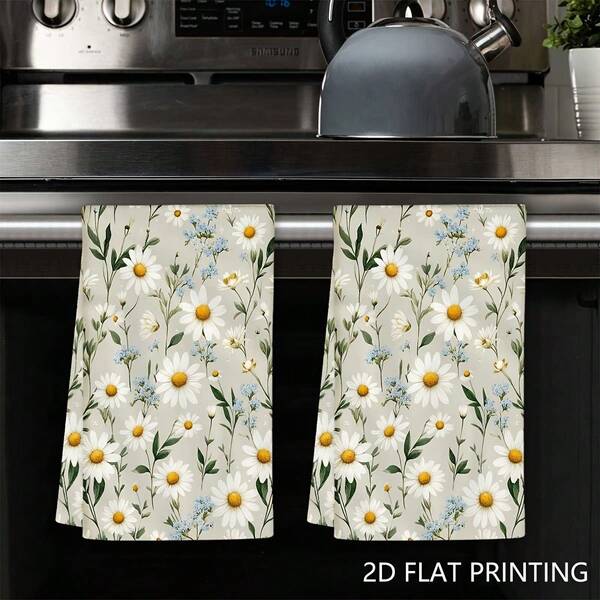 2pcs Four Seasons Kitchen Towels, Floral Daisy Dish Cloths With Modern Cartoon Design – Perfect For Cooking & Baking, Housewarming Gifts, Decorative Tea Towels