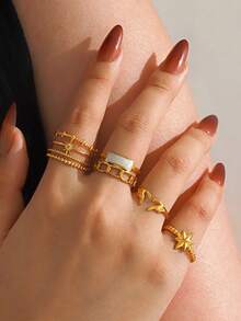 4pcs 18K Gold Plated Stainless Steel Vintage Geometric Star, Sun, Heart, Oval Rings Set, Elegant Fashion Jewelry Gift For Women, Suitable For Daily, Holiday, Party, Date Occasions - Multicolor - View 6