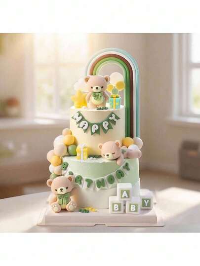 1pc Cute Bear Cake Topper, Green Bow Bear Cake Decor, Rainbow Striped Arch Green Gift Box Yellow Star Cloud Cake Decoration, Suitable For Christening, Birthday Party Cake Decor, Gender Reveal Party Cake Decor, Baby Shower Cake Decor