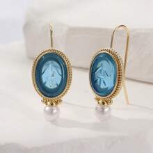 Elegant Retro Geometric Faux Pearl Pendant Earrings, Women's Delicate Dangle Pierced Earrings, Wedding Jewelry Gift - Gold - View 3