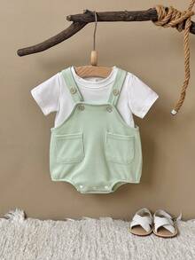 Set de 2 piezas: Camiseta blanca casual + body con tirantes verdes para bebé niña, primavera/otoño - verde menta - Ver 5
